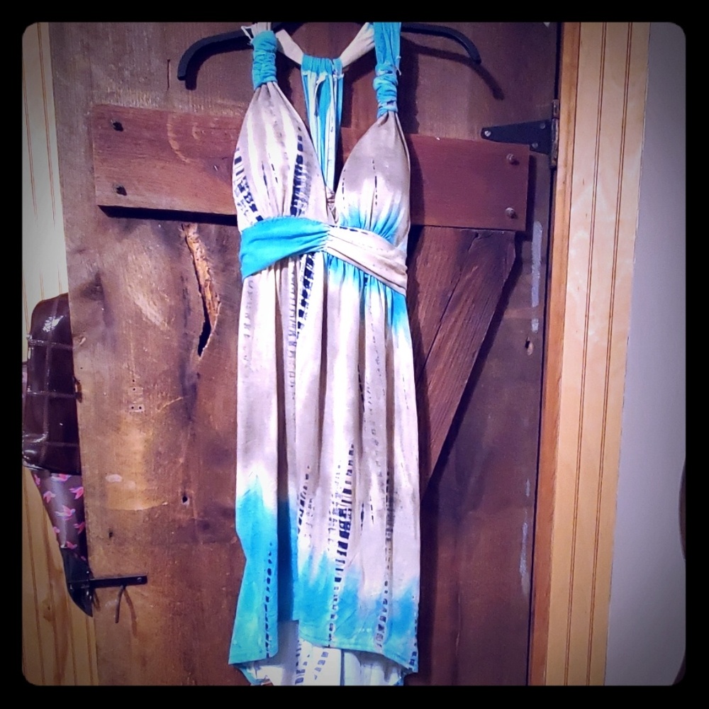 Teal and tan halter, high-low sundress. Never worn
